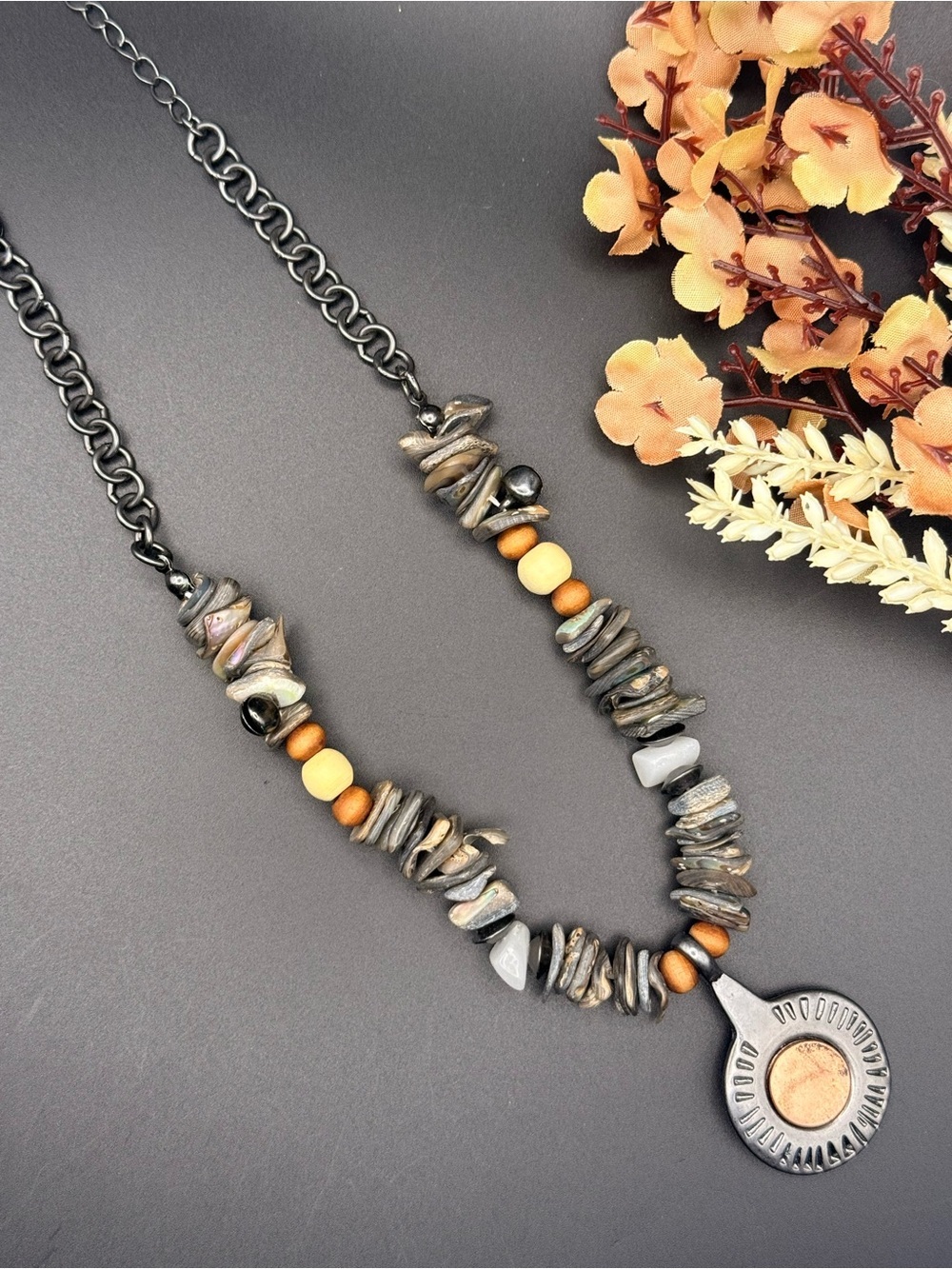Free People Charcoal and Tan Beaded Pendant Necklace
